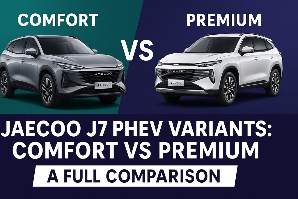 A detailed comparison of the JAECOO J7 PHEV Comfort vs Premium trims in Pakistan — features, pricing, performance, and suitability for Islamabad/Rawalpindi buyers.