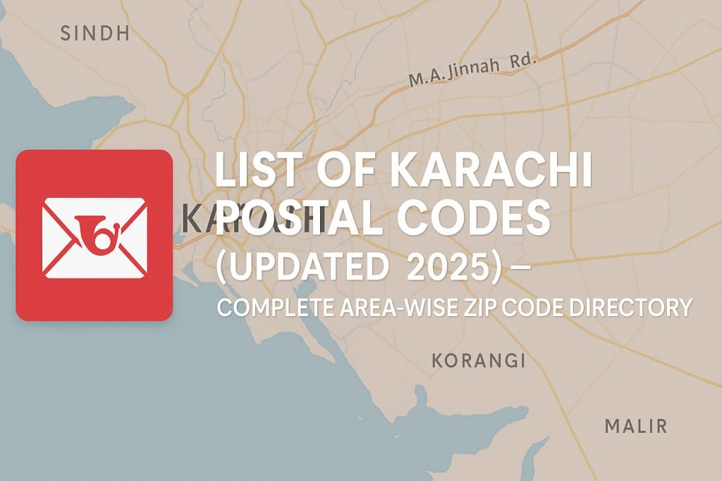Updated list of Karachi postal codes for 2025. Search area-wise ZIP codes for Clifton, Gulshan-e-Iqbal, Defence, Malir, North Karachi & more.