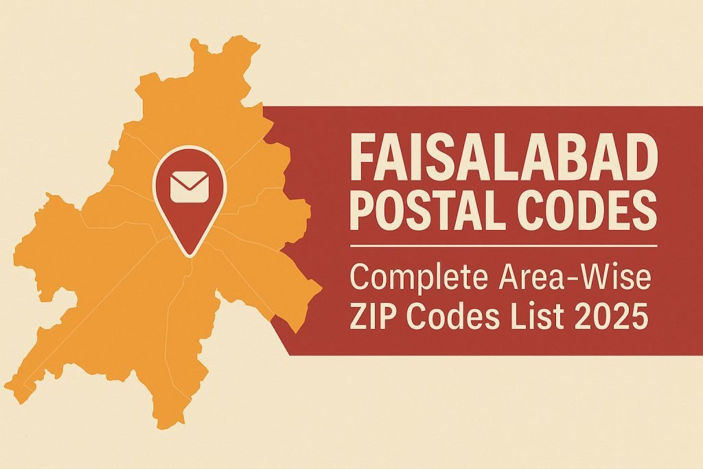 Faisalabad postal code list 2025 with area-wise ZIP codes for People’s Colony, Madina Town, Model Town, Jaranwala, Khurrianwala, and GPO 38000. Accurate, updated, and ready to use. URL Slug: faisalabad-postal-code-2025