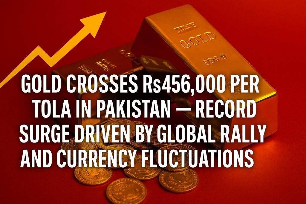 Gold prices in Pakistan reach a record Rs456,900 per tola amid global market rally and dollar fluctuation. Silver also hits new highs as investors rush to safe assets.