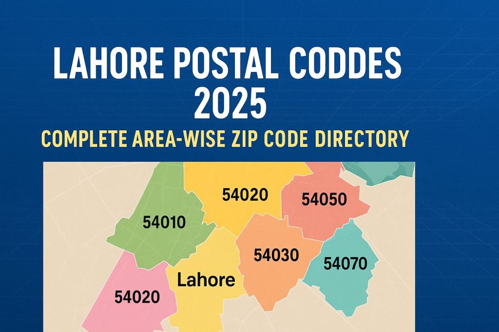 Updated Lahore postal codes 2025. Find area-wise ZIP codes for DHA, Gulberg, Model Town, Johar Town & Bahria Town. Accurate, Google-indexable list.