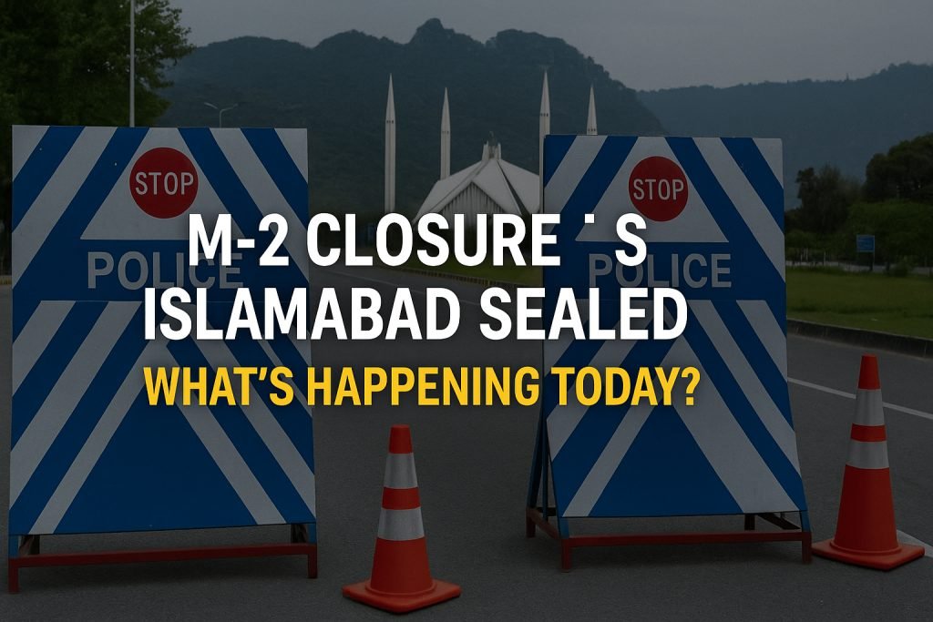 Motorway M-2 closed at Babu Sabu and Thokar, Islamabad entry blocked, Section 144 in force across twin cities. Stay updated on road closures and access.