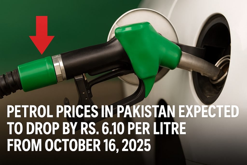 Pakistan’s petrol price may fall by Rs. 6.10 per litre from October 16 2025. OGRA proposal hints at relief for motorists as rupee stabilizes and global oil prices decline.