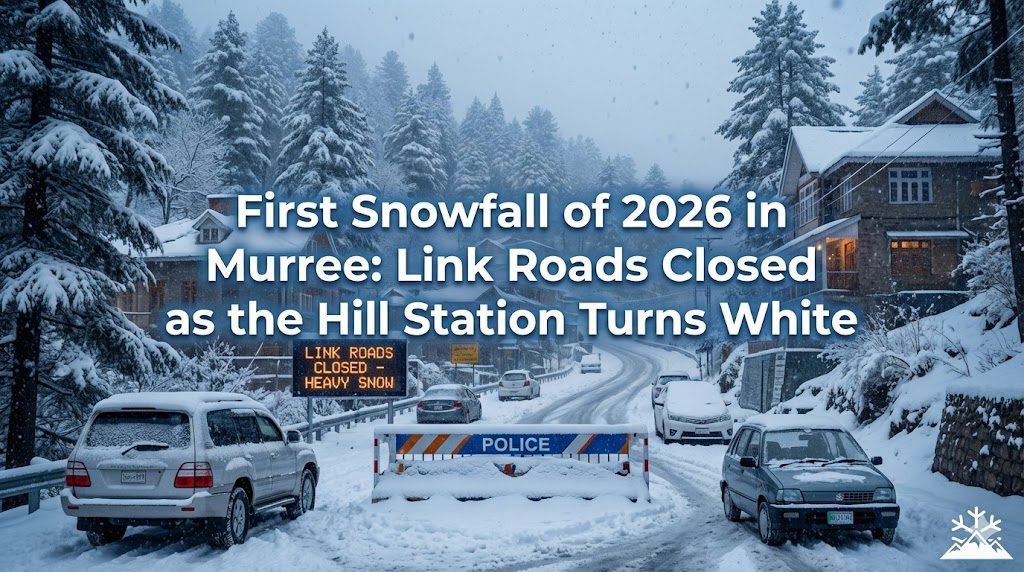 First snowfall of 2026 in Murree brings road closures and travel restrictions as the hill station turns white under winter conditions.