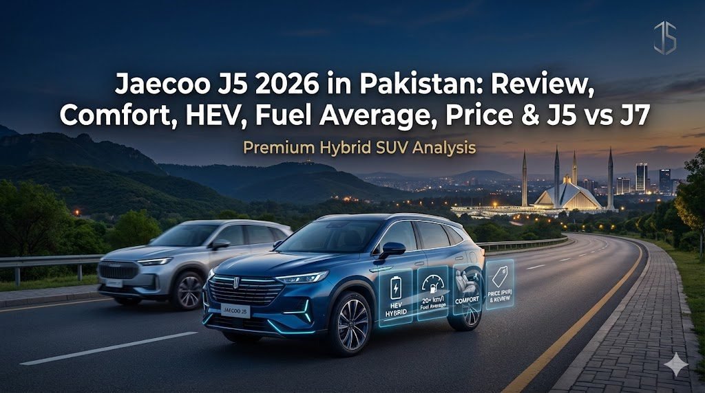 Jaecoo J5 2026 review covering comfort, HEV system, fuel average, expected price in Pakistan, and J5 vs J7 comparison.