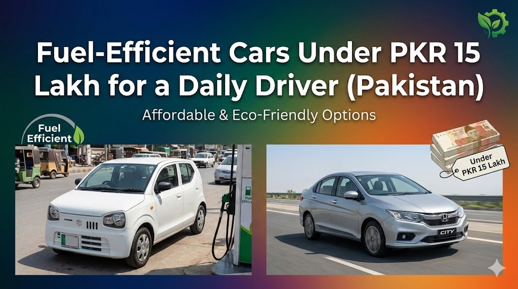 Practical fuel-efficient cars under PKR 15 lakh in Pakistan. Price bands, real-world economy, checks, and daily driver choices.