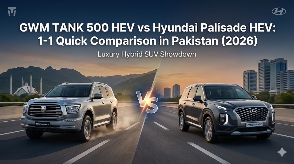 GWM TANK 500 HEV vs Hyundai Palisade HEV in Pakistan 2026. Updated price estimates, specs, performance and 7-seater comparison.