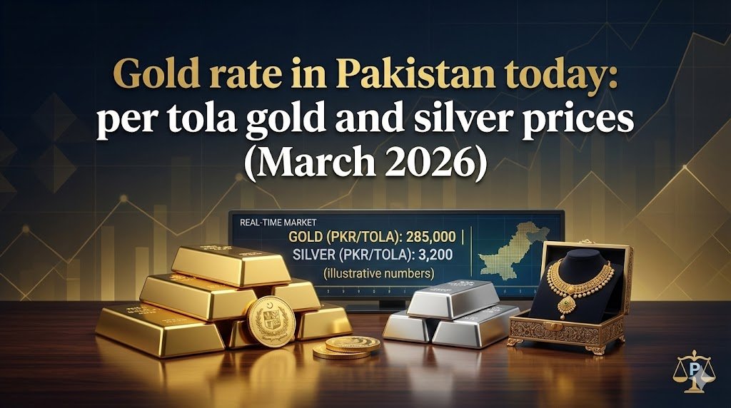 Gold rate in Pakistan today is Rs 556,000 per tola (24K) and silver Rs 9,839 per tola. Updated March 2026 rates with buying checklist.