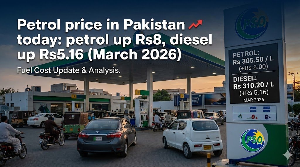 Petrol price in Pakistan today is Rs266.17/L and diesel Rs280.86/L. Budget trip costs, commuter impact, and intercity planning for March 2026.