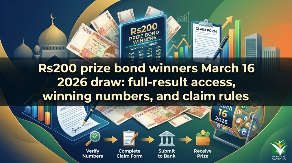 Rs200 prize bond winners March 16 2026 draw: 1st prize 591284, 2nd prize numbers, full list access, tax deduction, and claim locations.