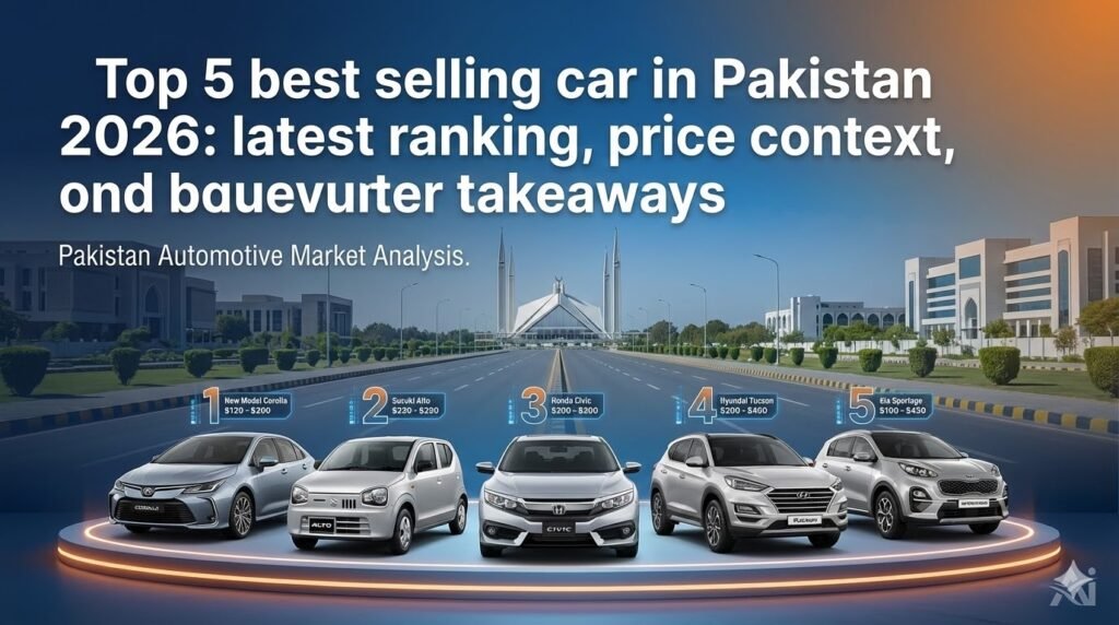 Top 5 best selling car in Pakistan 2026 with PAMA-based ranking, buyer reasons, SUV angle, and price planning for Islamabad, Rawalpindi, and Lahore.