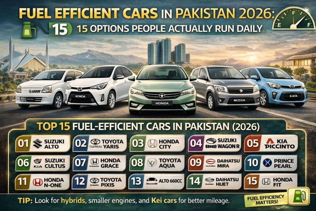 fuel efficient cars in Pakistan 2026 lineup driving in Islamabad with a fuel pump background