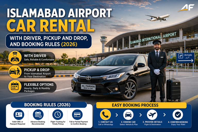 Islamabad airport car rental pickup at ISB with driver and family luggage outside arrivals Disclaimer: This blog is for general information only. Terms and availability change by date, route, and vehicle type; confirm the final quote and pickup details before payment.