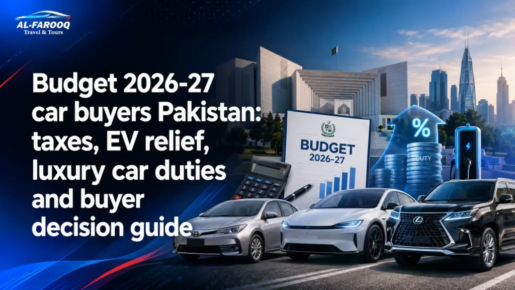 Budget 2026-27 car buyers Pakistan guide on luxury car tax, EV relief, FED, registration cost, imported cars and buy-or-wait decision.