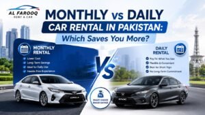 A clean, full-frame comparison design showing monthly vs daily car rental with strong visual hierarchy and clear savings-focused messaging. Should the design use a darker navy background to match Al Farooq’s previous thumbnails more closely?