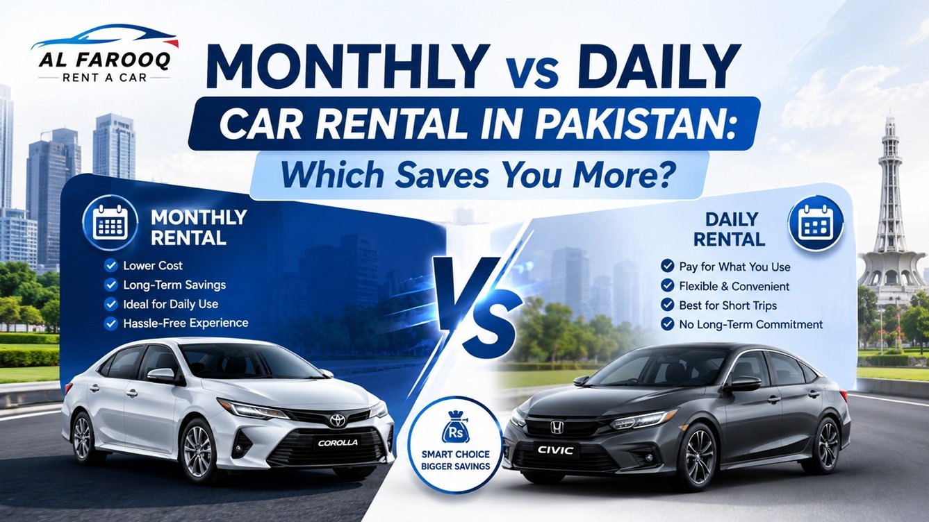 A clean, full-frame comparison design showing monthly vs daily car rental with strong visual hierarchy and clear savings-focused messaging. Should the design use a darker navy background to match Al Farooq’s previous thumbnails more closely?