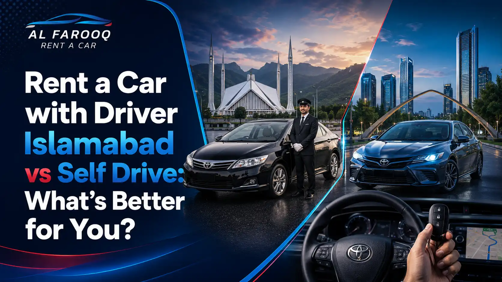Compare rent a car with driver Islamabad vs self drive for airport, family, business and tours. See comfort, costs, risks and booking tips.