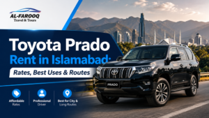 Prado rent in Islamabad starts from PKR 18,000/day. Check airport, wedding, family and northern-route uses, pricing factors and booking tips.