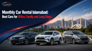 Al-Farooq sedan and seven-seat vehicle prepared for monthly rental in Islamabad