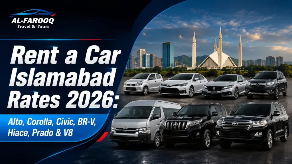 Rent a car Islamabad rates 2026 for Alto Corolla Civic BR-V Hiace Prado and Land Cruiser V8 with driver