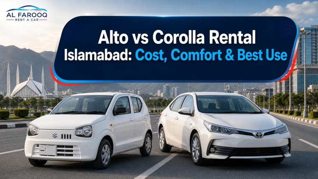 Suzuki Alto and Toyota Corolla rental comparison in Islamabad