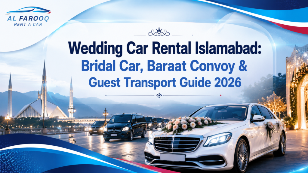 Wedding car rental Islamabad guide for bridal cars, baraat convoys and guest transport. Compare real fleet options, rates and booking steps.