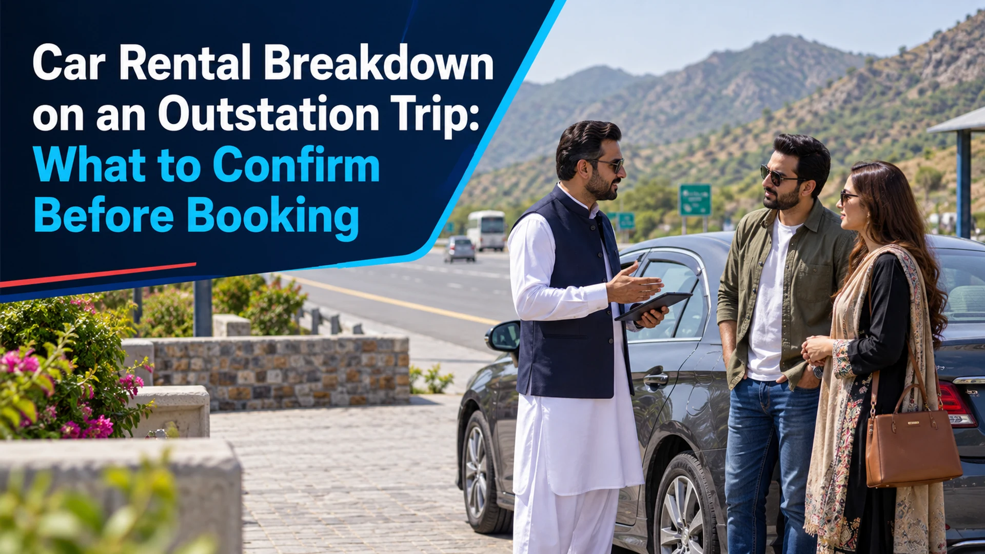 Car rental breakdown on an outstation trip illustration with a driver explaining a roadside plan to passengers beside a parked sedan.