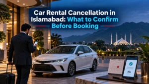 Illustrated Islamabad hotel pickup with a sedan, calendar and booking confirmation beside the car rental cancellation guide headline.