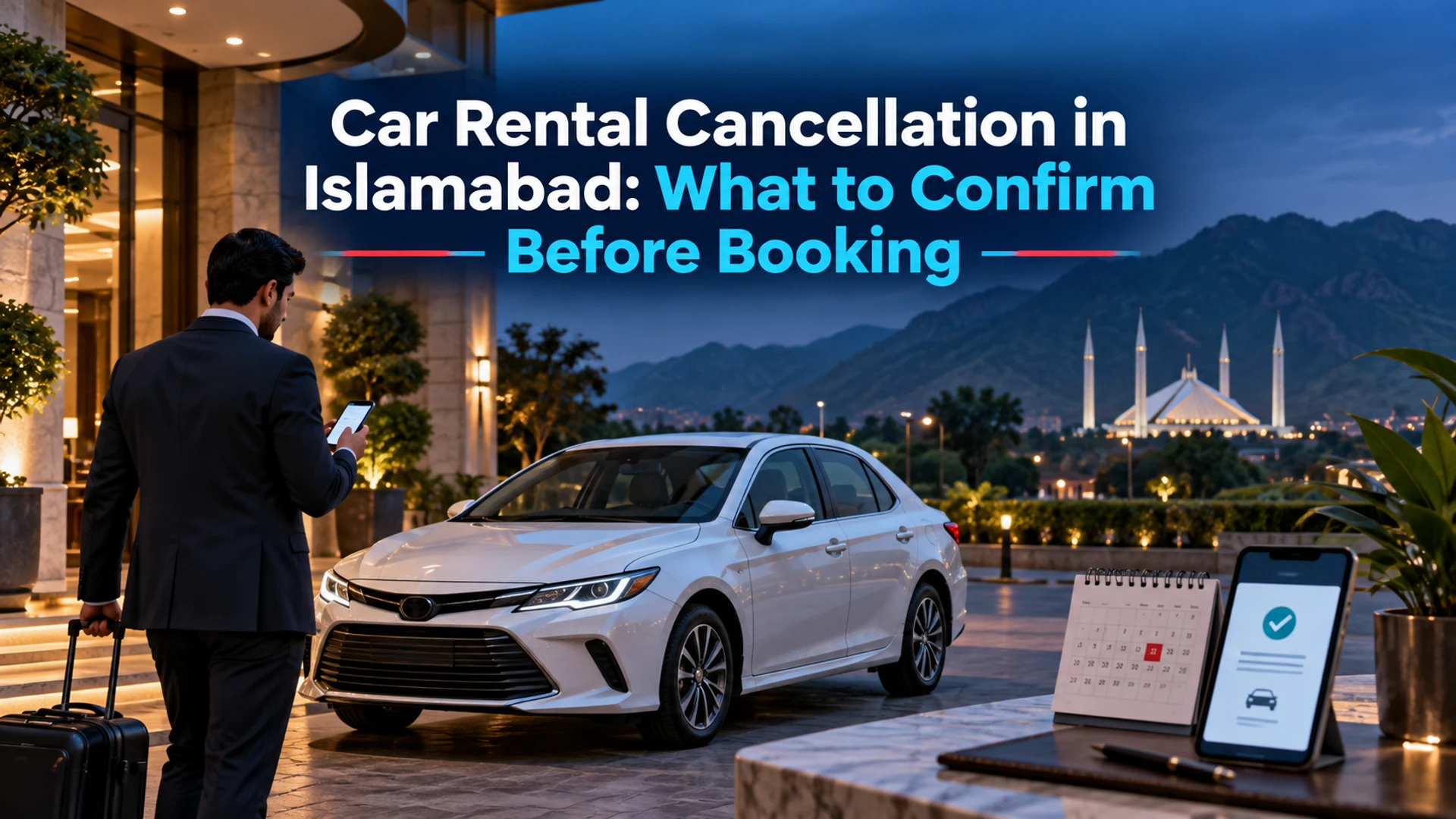 Illustrated Islamabad hotel pickup with a sedan, calendar and booking confirmation beside the car rental cancellation guide headline.