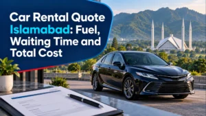 Sedan, quotation document and Faisal Mosque illustrating rental quote comparisons in Islamabad.