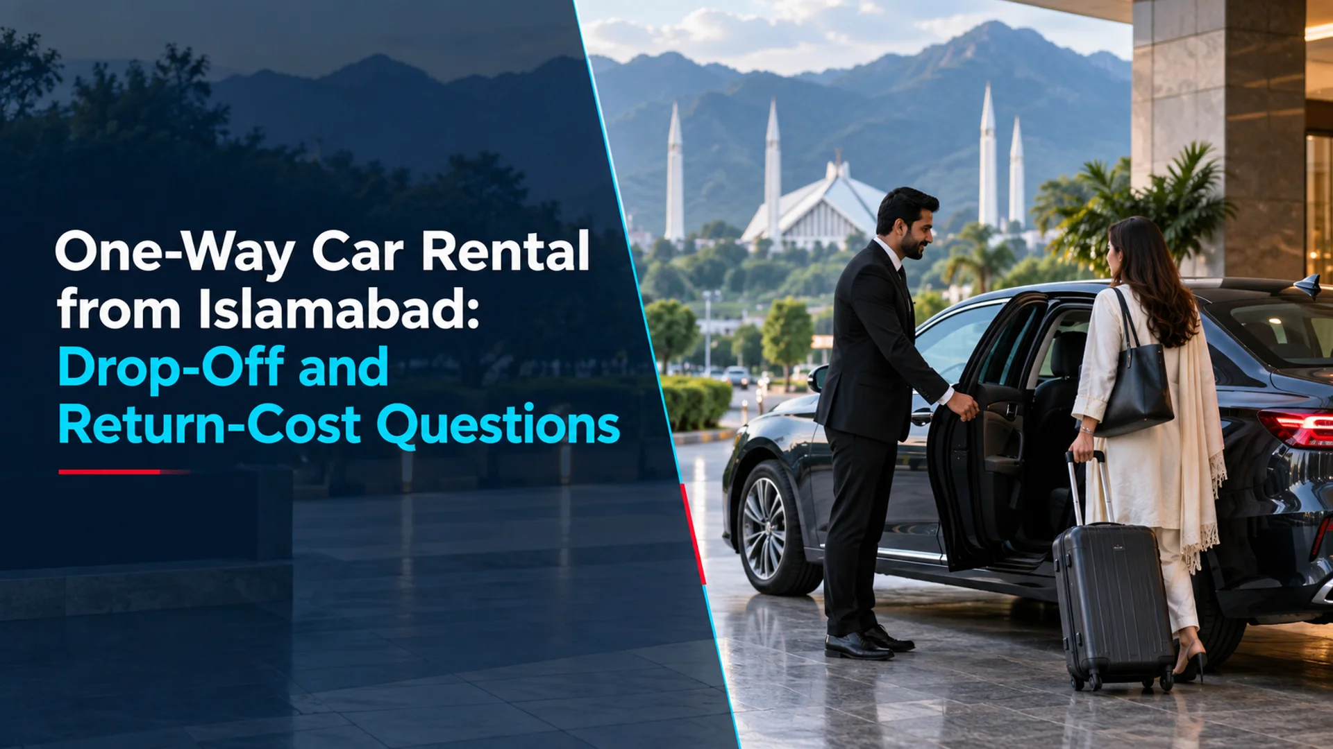 One-way car rental from Islamabad illustrated by a driver helping a passenger with luggage at a city drop-off.