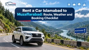Rent a car Islamabad to Muzaffarabad SUV on a green mountain road