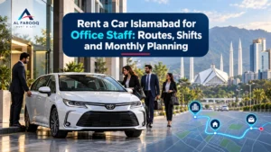Rent a car Islamabad for office staff with a chauffeur-driven sedan outside an office