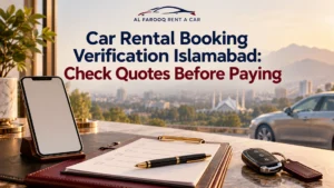 Car rental booking verification Islamabad cover with a blank phone, written checklist and car keys
