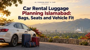 Car rental luggage planning Islamabad cover with suitcases beside a generic sedan and the Margalla Hills