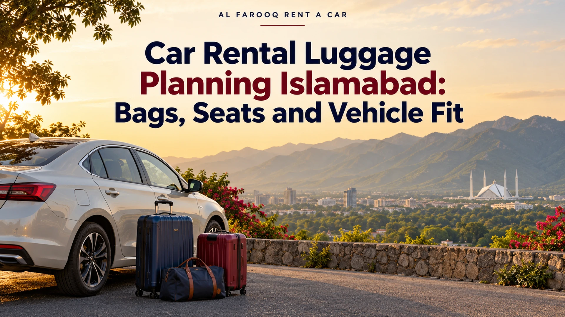 Car rental luggage planning Islamabad cover with suitcases beside a generic sedan and the Margalla Hills