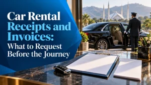 Blank journey paperwork and car key on a desk, with a chauffeur and car behind and the rental receipts headline