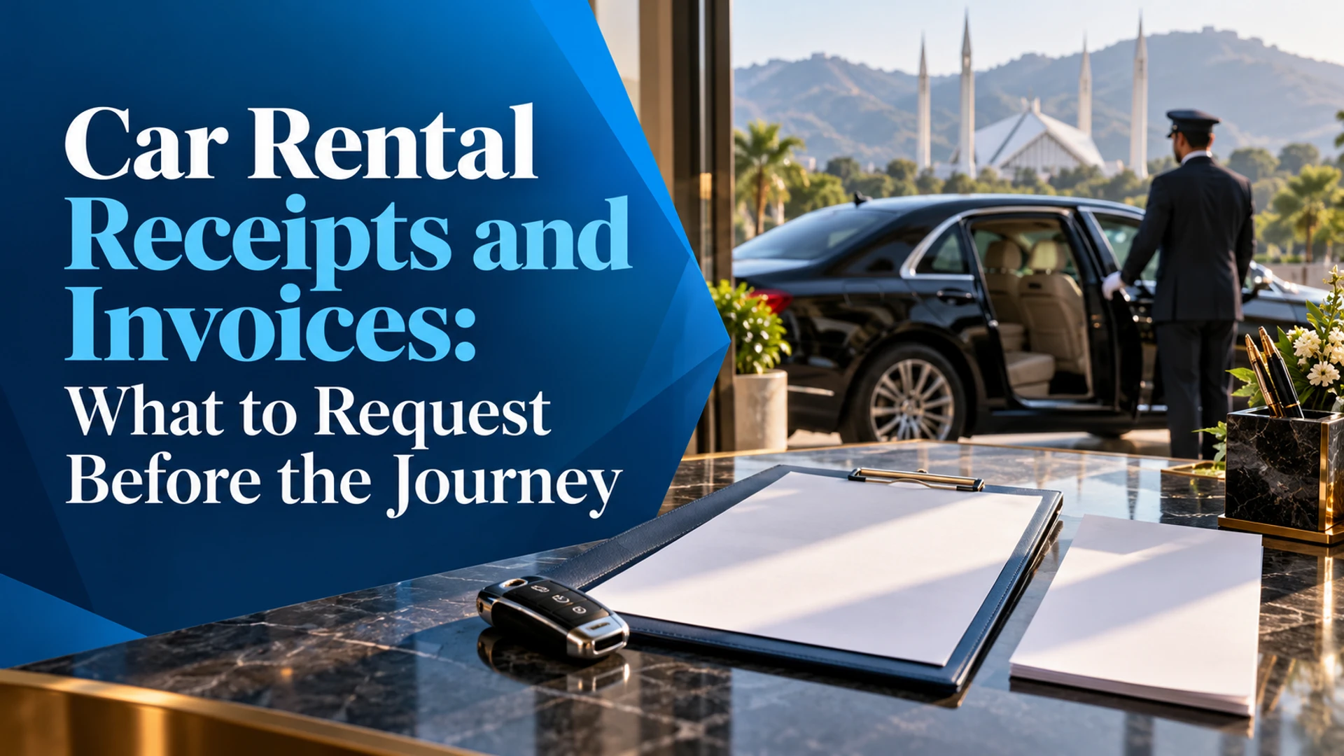 Blank journey paperwork and car key on a desk, with a chauffeur and car behind and the rental receipts headline
