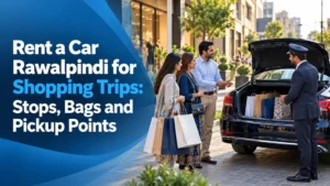 Shopping group and chauffeur organising bags beside a car boot, with the Rawalpindi shopping-trip headline