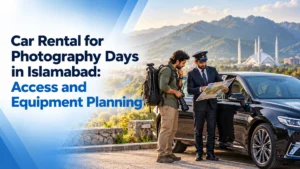 Photographer with equipment and chauffeur reviewing a map beside a sedan, with the photography-day headline