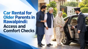 Older couple and family member checking an open car doorway with a chauffeur, with the access and comfort headline