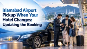 Arriving family discussing a destination update with a chauffeur beside luggage and a sedan, with the changed-hotel headline