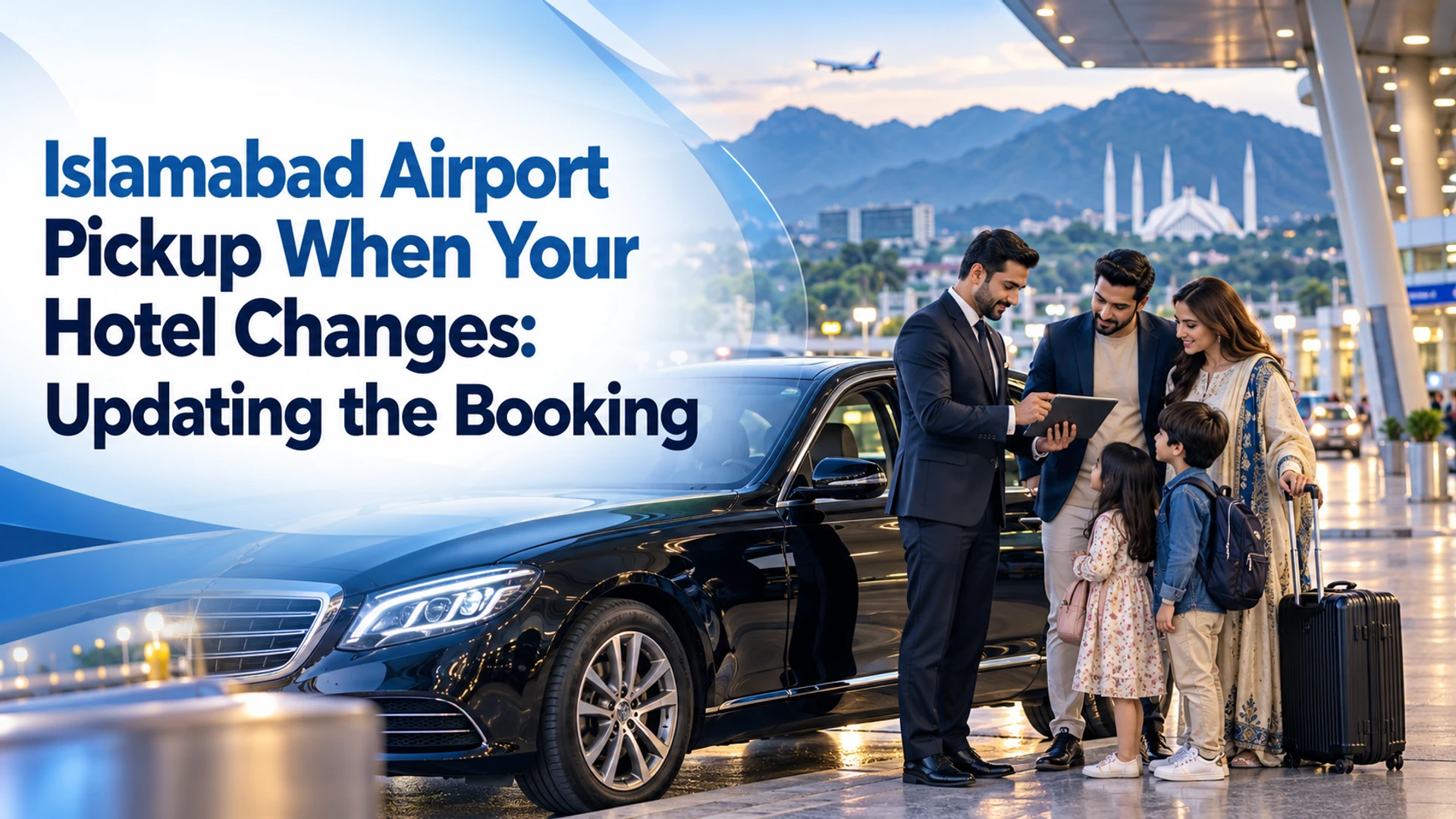 Arriving family discussing a destination update with a chauffeur beside luggage and a sedan, with the changed-hotel headline